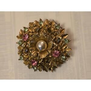Florenza Signed Vintage Faux Multicolored Crystal Gold Tone Floral Brooch